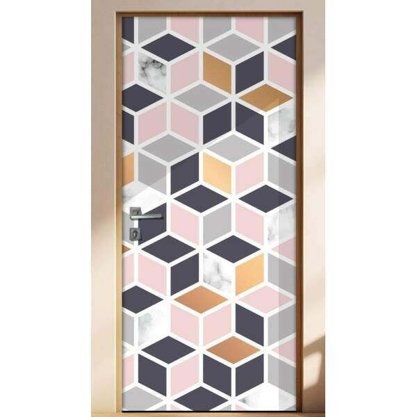 Adesivo Para Porta Jateado Impresso Geometrico Cubos Rosa Preto Cinza E Amarelo