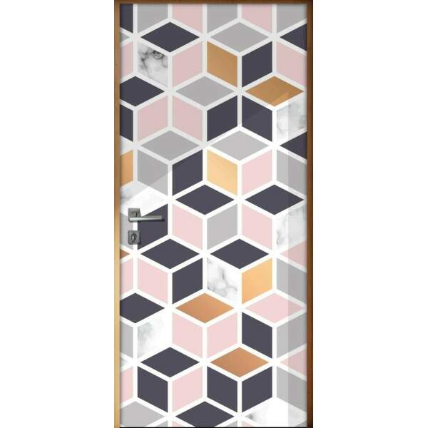 Adesivo Para Porta Jateado Impresso Geometrico Cubos Rosa Preto Cinza E Amarelo