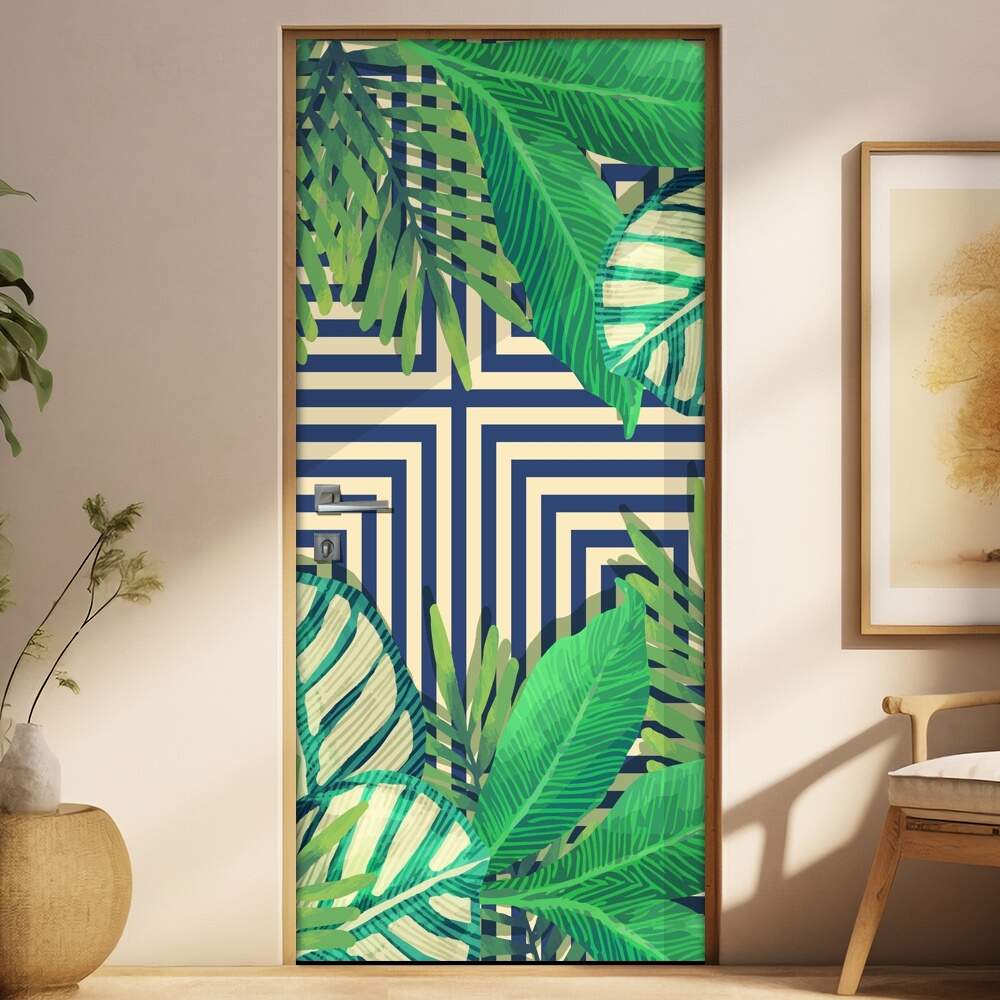 Adesivo Para Porta Jateado Impresso Geometrico Tropical Folhas