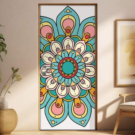 Adesivo Para Porta Jateado Impresso Mandala Azul Amarelo Rosa