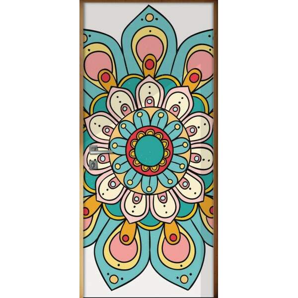 Adesivo Para Porta Jateado Impresso Mandala Azul Amarelo Rosa