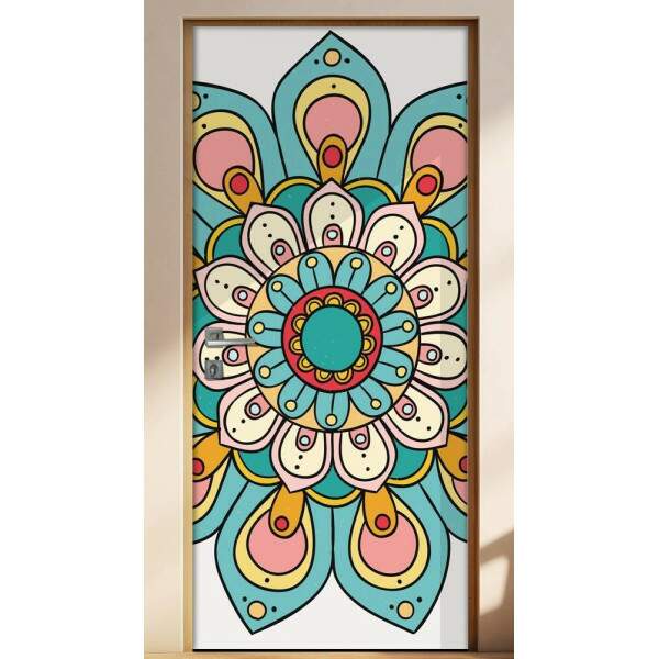 Adesivo Para Porta Jateado Impresso Mandala Azul Amarelo Rosa