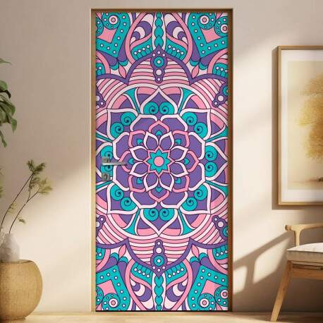 Adesivo Para Porta Jateado Impresso Mandala Lilas Verde E Rosa