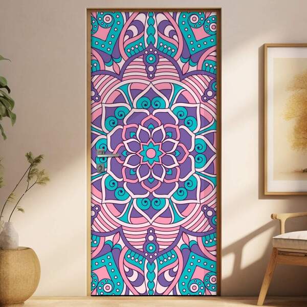 Adesivo Para Porta Jateado Impresso Mandala Lilas Verde E Rosa