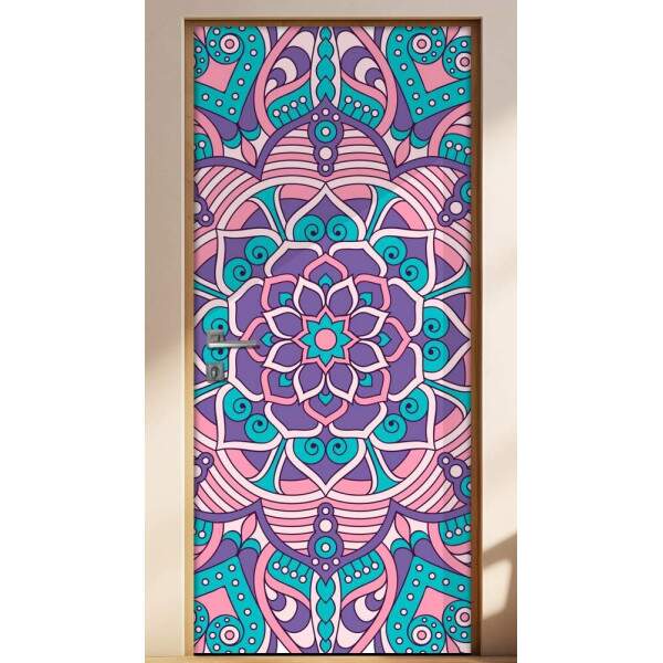 Adesivo Para Porta Jateado Impresso Mandala Lilas Verde E Rosa
