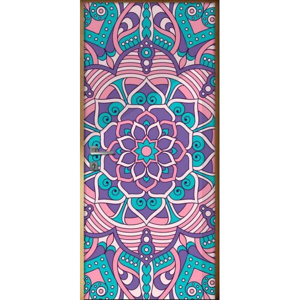 Adesivo Para Porta Jateado Impresso Mandala Lilas Verde E Rosa