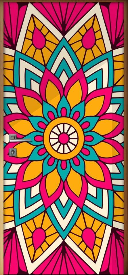 Adesivo Para Porta Jateado Impresso Mandala Rosa Azul Amarela