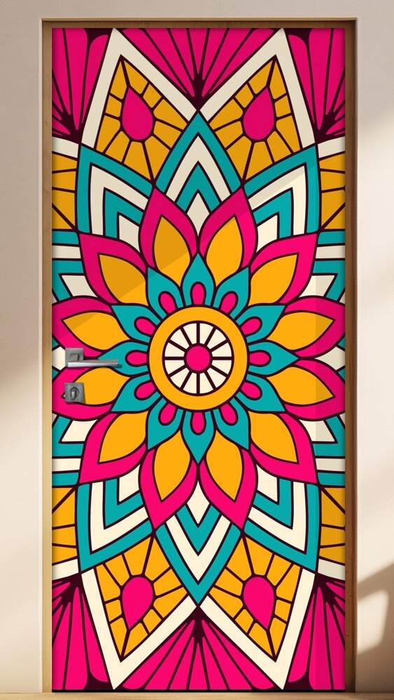 Adesivo Para Porta Jateado Impresso Mandala Rosa Azul Amarela