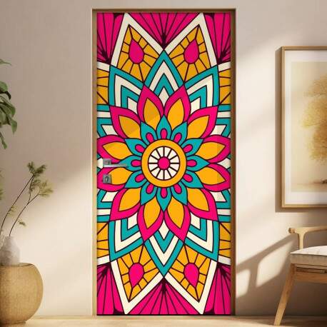Adesivo Para Porta Jateado Impresso Mandala Rosa Azul Amarela