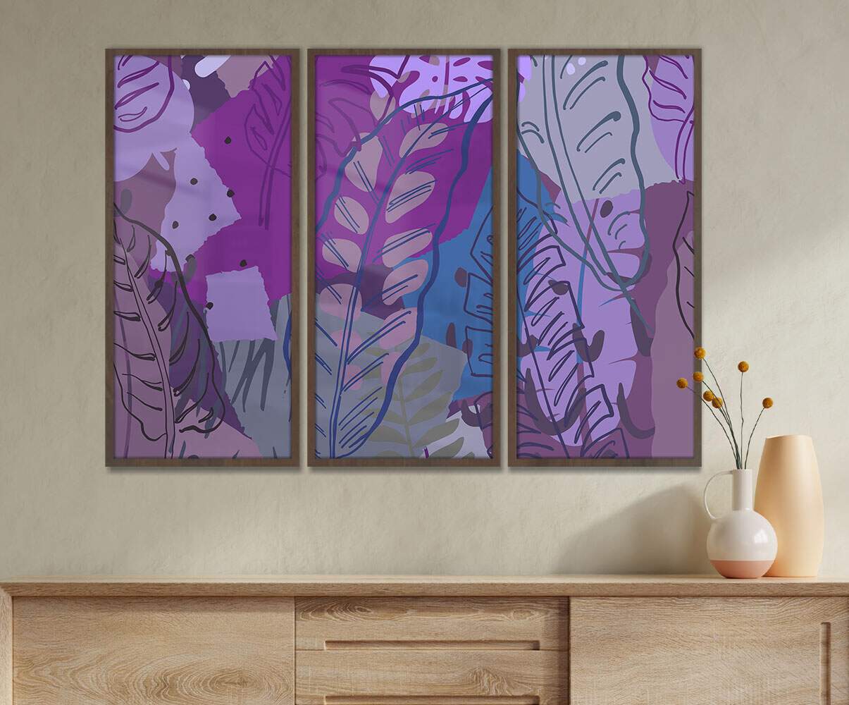 3 Quadros Decorativo Slim Folhas Roxas Abstrato - Fran Adesivos de Parede