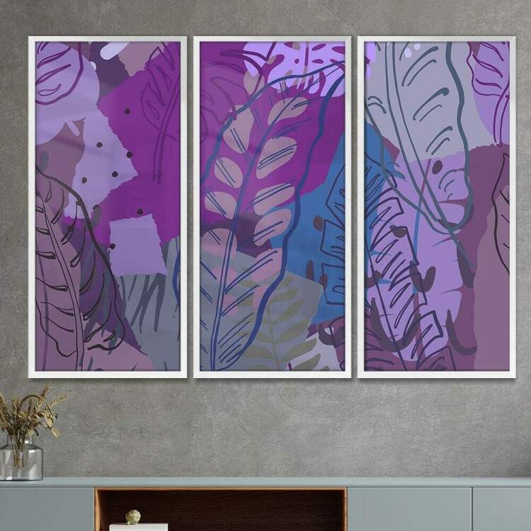 3 Quadros Decorativo Slim Folhas Roxas Abstrato - Fran Adesivos de Parede