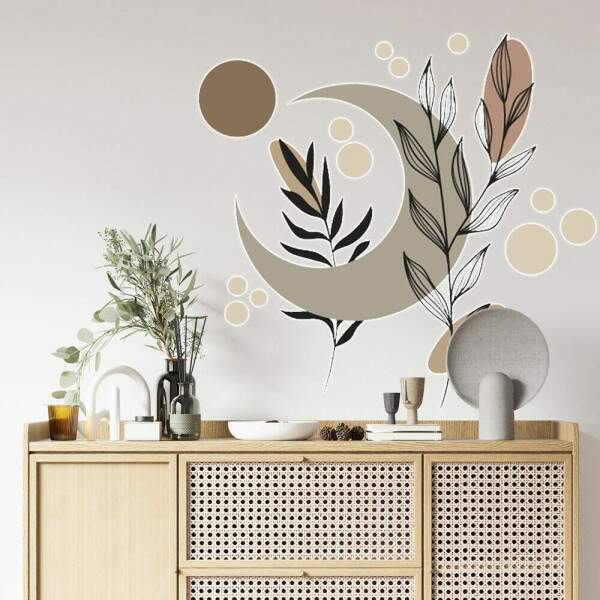 Adesivo de Parede Folhas e Lua Contemporneo Boho