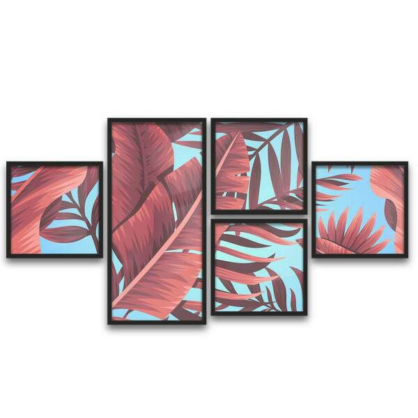 Conjunto de Quadros Decorativos Abstratos Folhas Vermelhas
