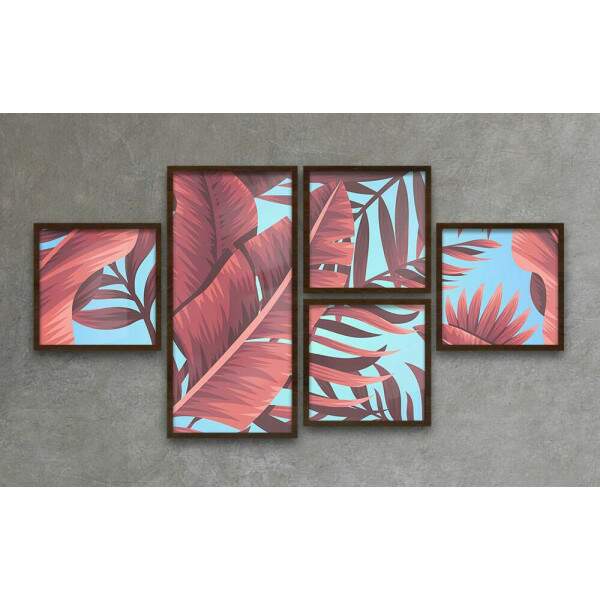 Conjunto de Quadros Decorativos Abstratos Folhas Vermelhas