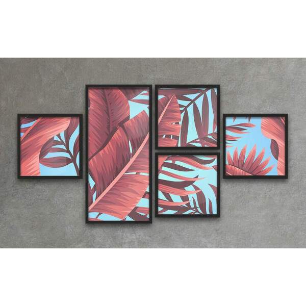 Conjunto de Quadros Decorativos Abstratos Folhas Vermelhas