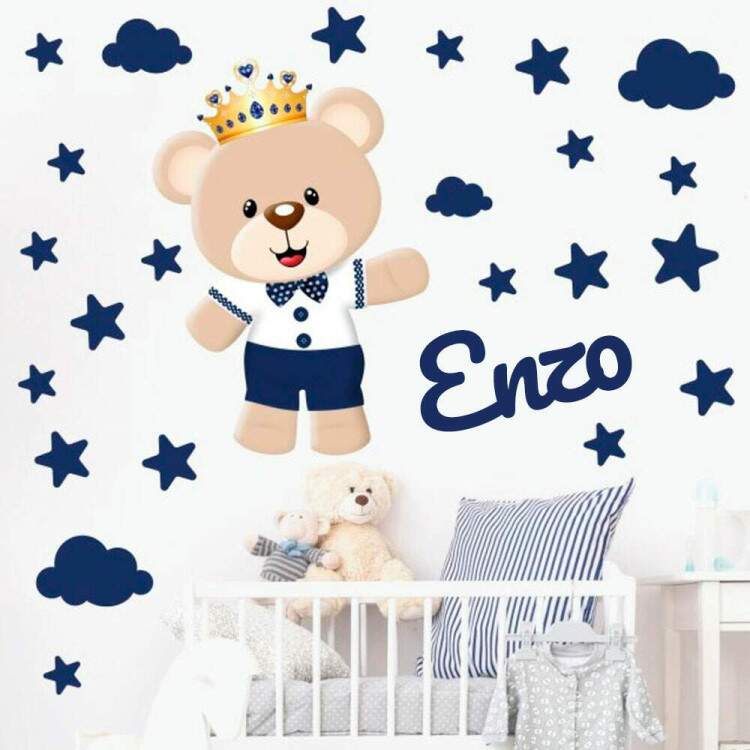 Adesivo de Parede Urso Prncipe Nome Personalizado Nuvens e Estrelas