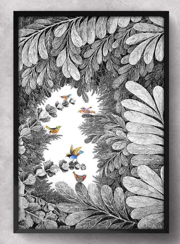 Quadro Decorativo Abstrato Floral Preto e Branco