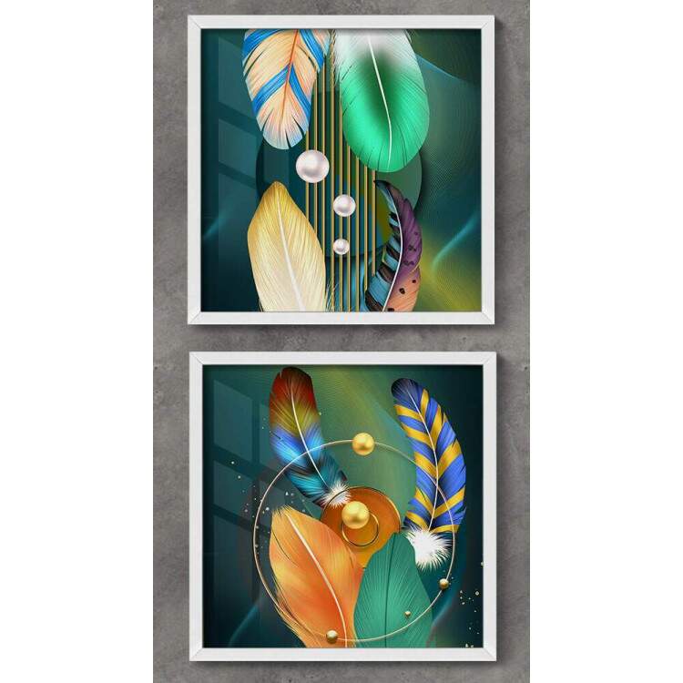 2 Quadros Decorativo Quadrado Abstrato Penas