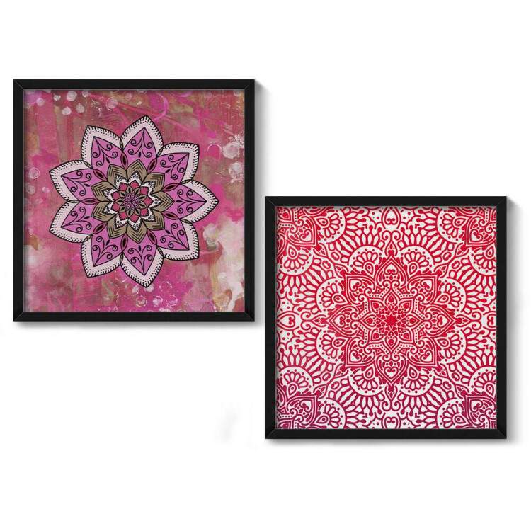 2 Quadros Decorativo Quadrado Mandala Rosa