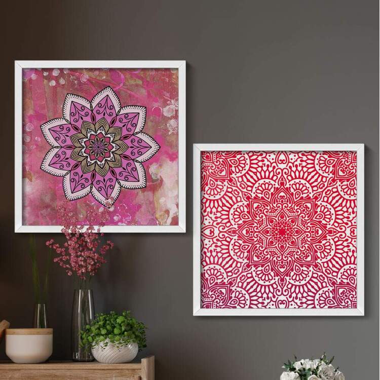 2 Quadros Decorativo Quadrado Mandala Rosa