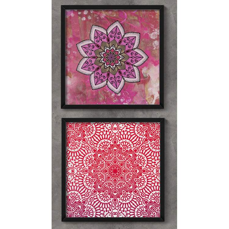 2 Quadros Decorativo Quadrado Mandala Rosa