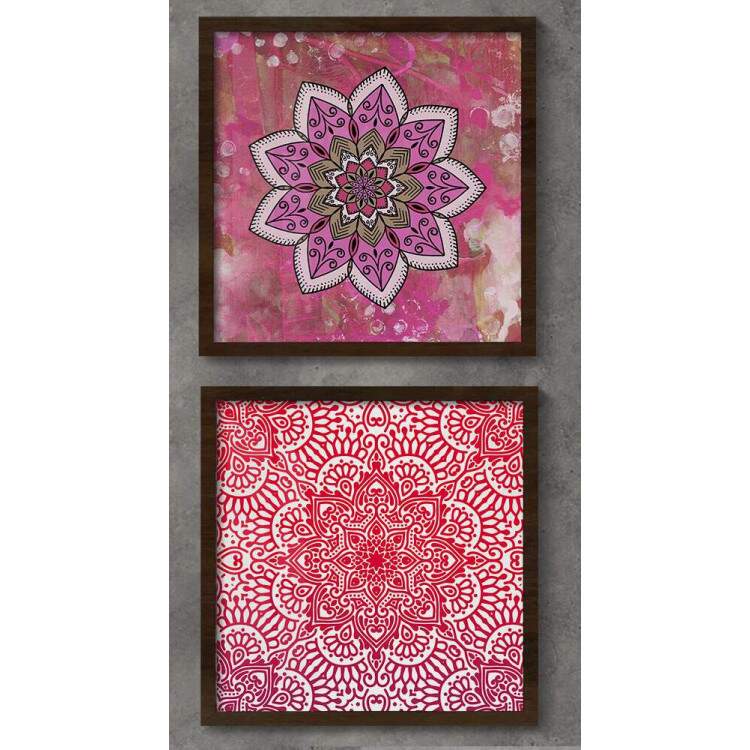 2 Quadros Decorativo Quadrado Mandala Rosa