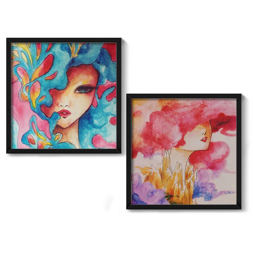 2 Quadros Decorativo Quadrado Menina Pintura Abstrata