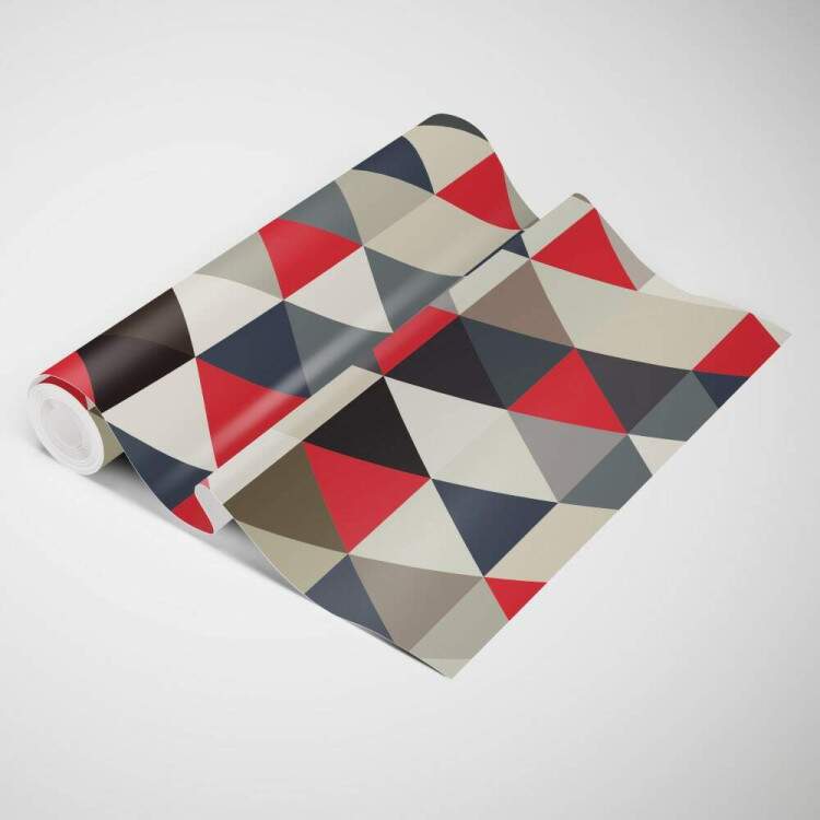 Papel de Parede Geomtrico Tringulos Vermelho com Azul e Bege