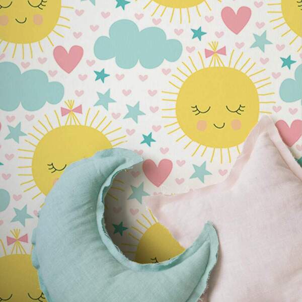 Papel de Parede Infantil Sol Feliz e Nuvens