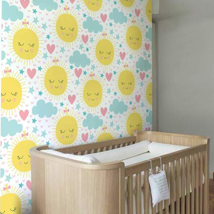 Papel de Parede Infantil Sol Feliz e Nuvens
