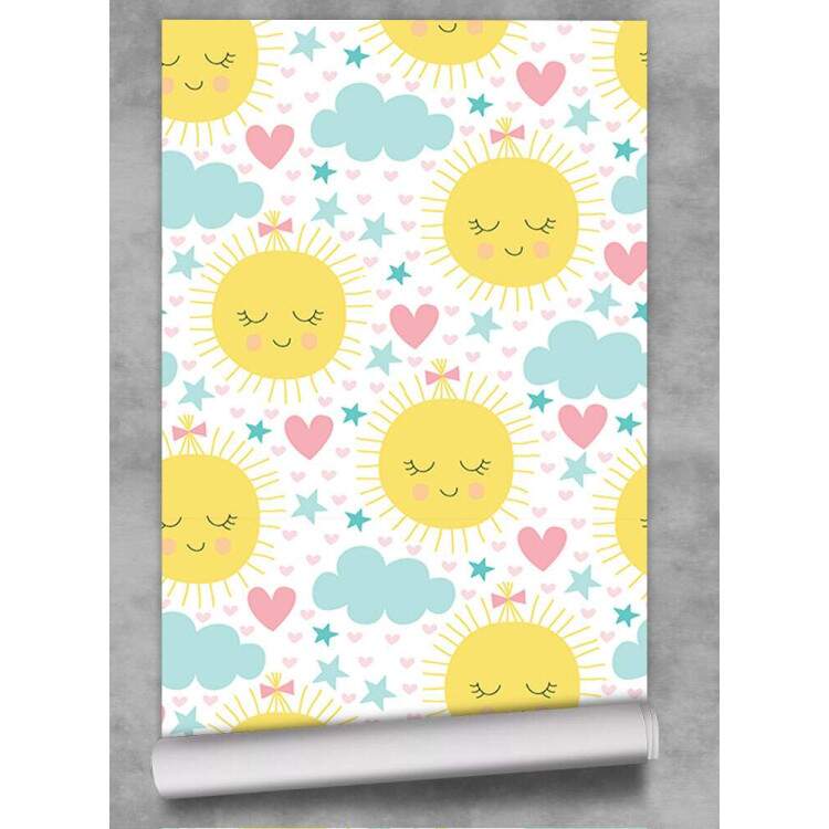 Papel de Parede Infantil Sol Feliz e Nuvens