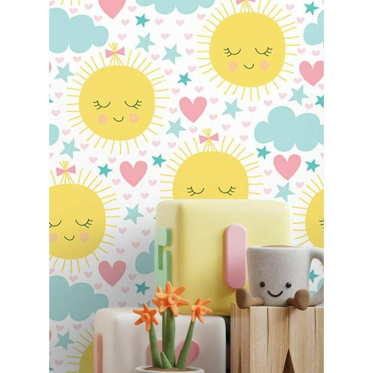 Papel de Parede Infantil Sol Feliz e Nuvens