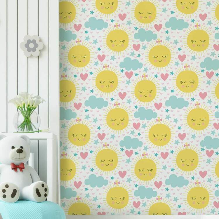 Papel de Parede Infantil Sol Feliz e Nuvens