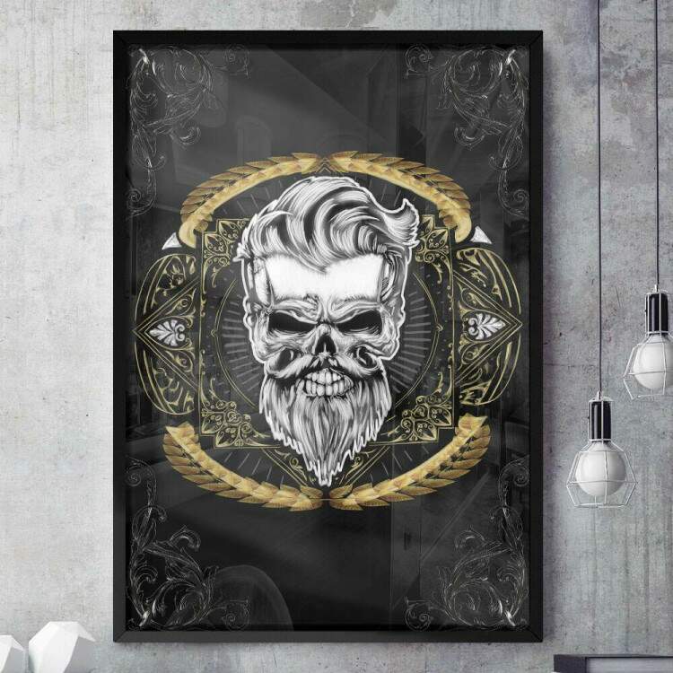 Quadro Decorativo Barbearia Caveira com Corte de Cabelo