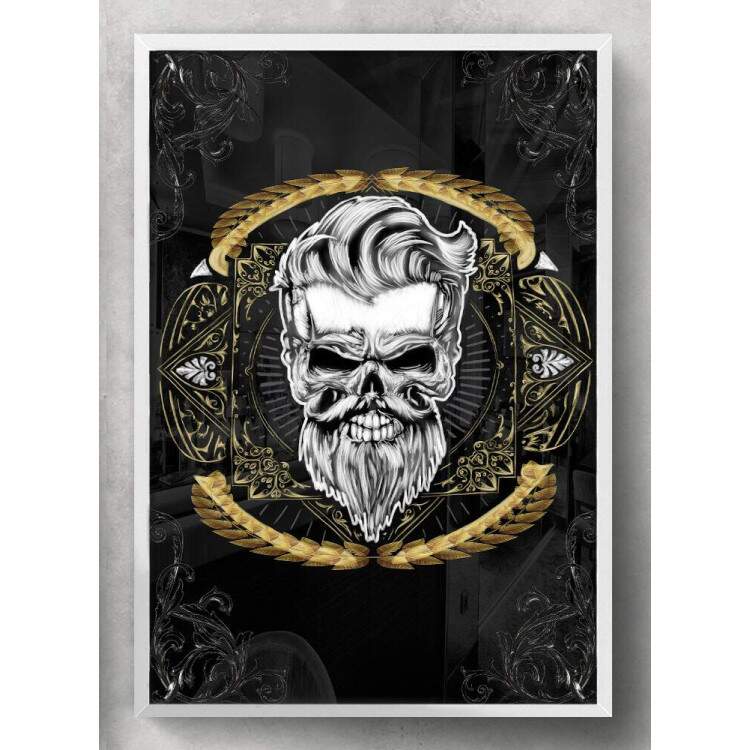 Quadro Decorativo Barbearia Caveira com Corte de Cabelo