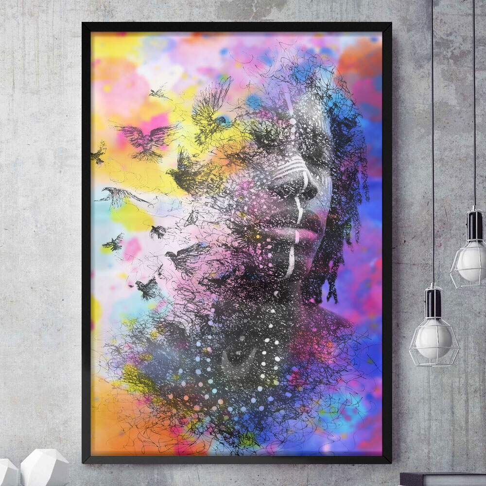 Quadro Decorativo Abstrato Desenho Homem e Pssaros