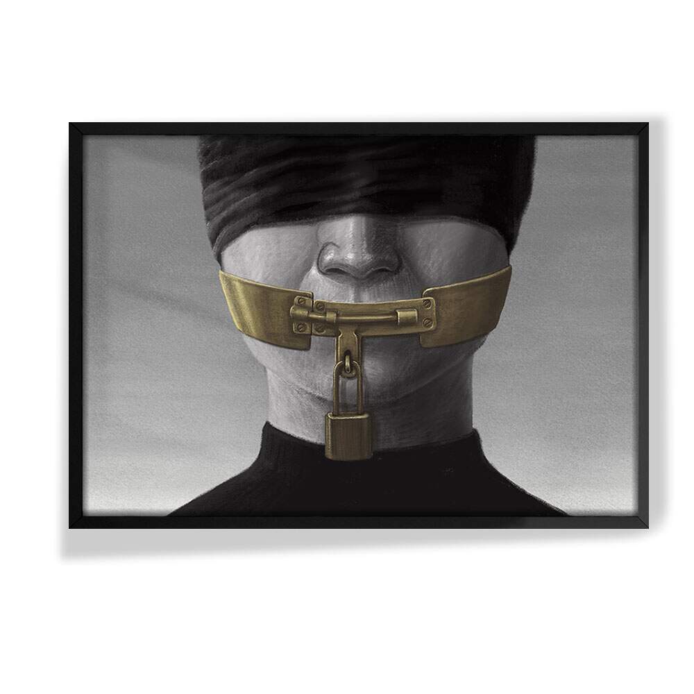 Quadro Decorativo Abstrato Mulher com Cadeado na Boca