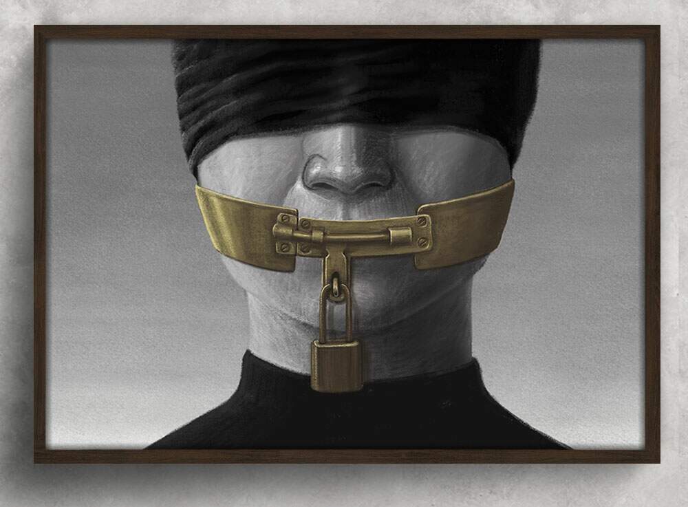 Quadro Decorativo Abstrato Mulher com Cadeado na Boca