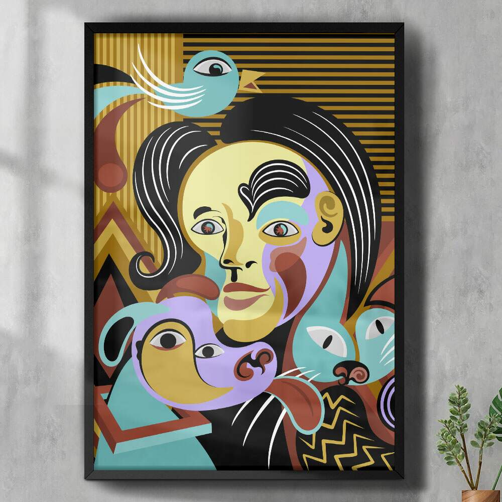 Quadro Decorativo Abstrato Mulher com Animais