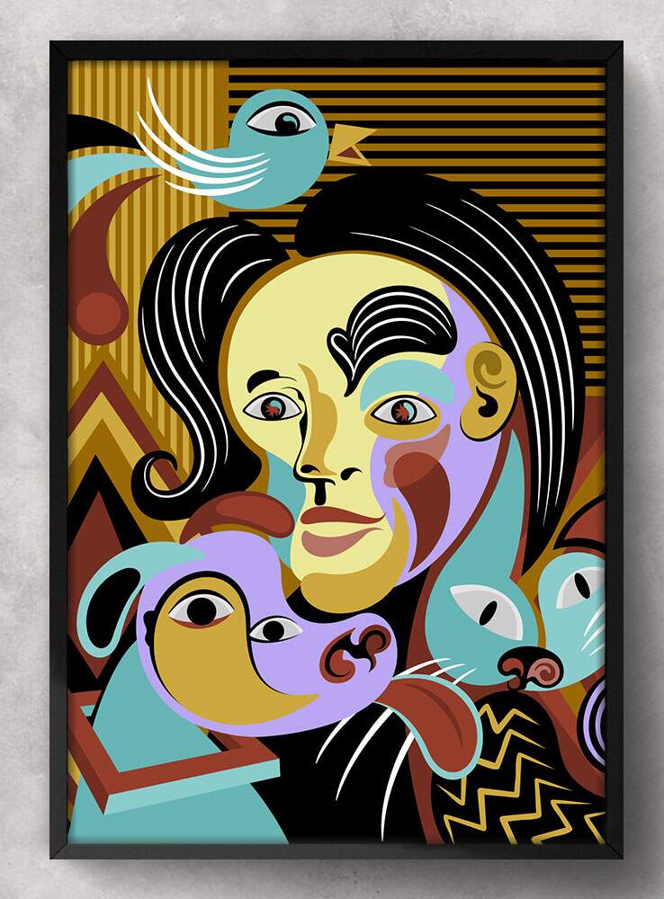 Quadro Decorativo Abstrato Mulher com Animais