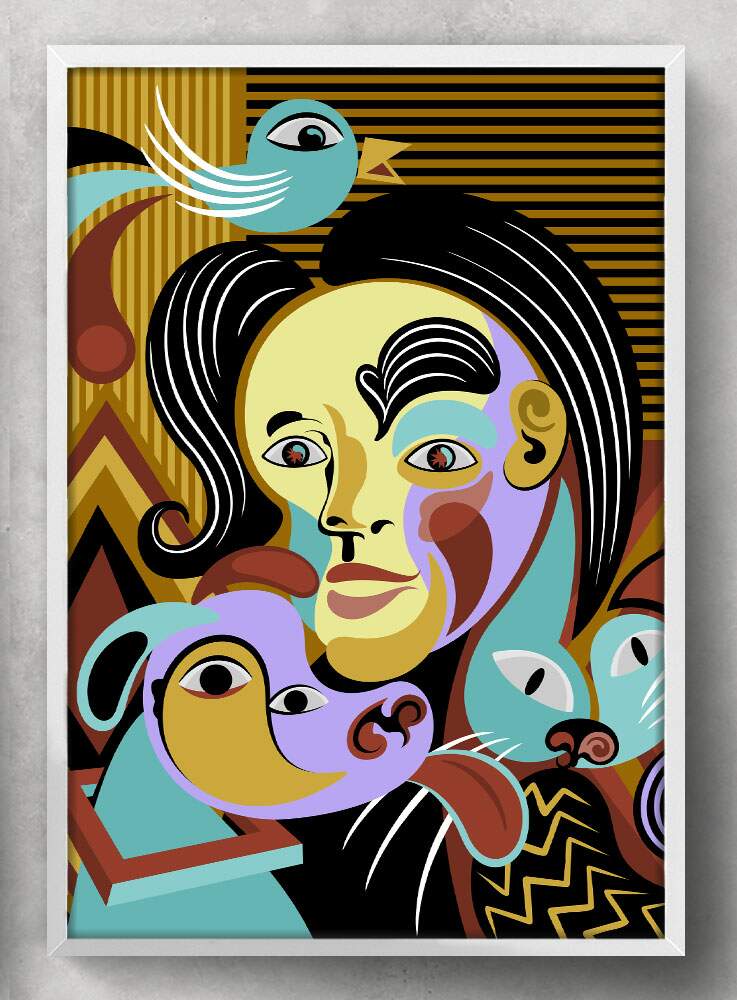 Quadro Decorativo Abstrato Mulher com Animais