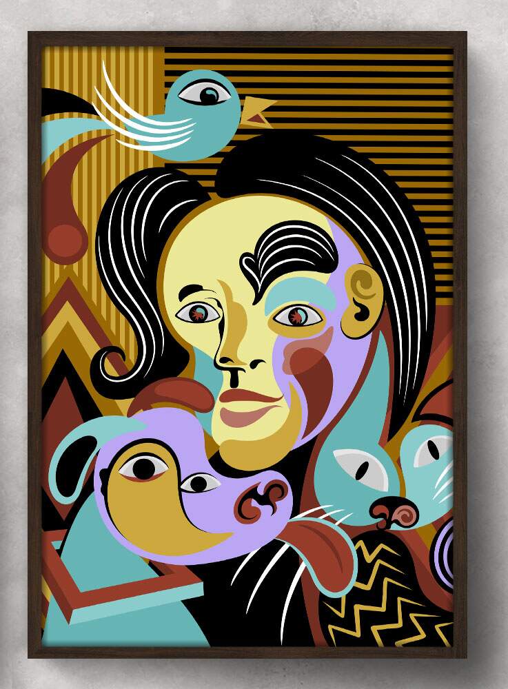 Quadro Decorativo Abstrato Mulher com Animais