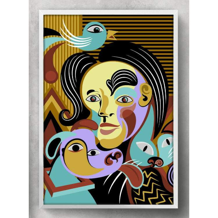 Quadro Decorativo Abstrato Mulher com Animais