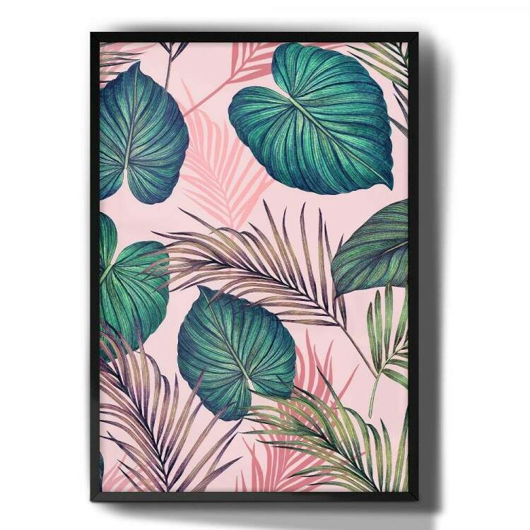 Quadro Decorativo Abstrato Rosa com Folhas Tropicais