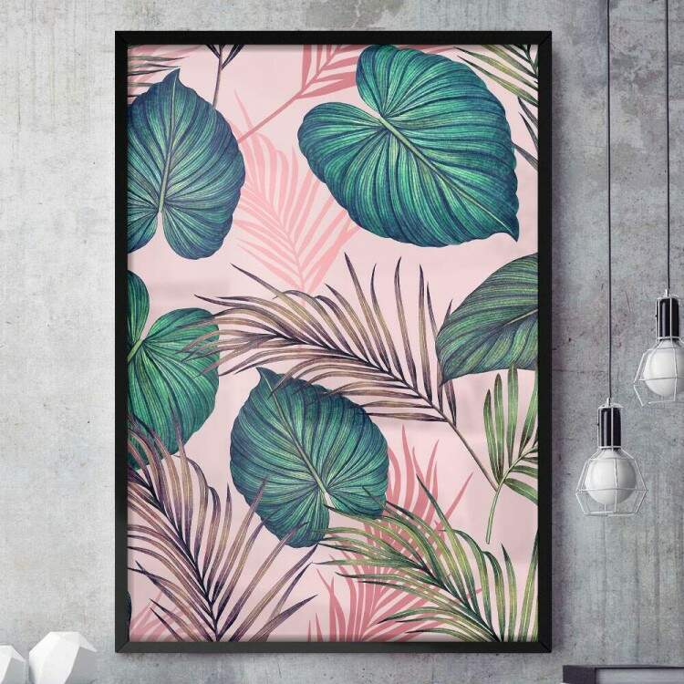 Quadro Decorativo Abstrato Rosa com Folhas Tropicais