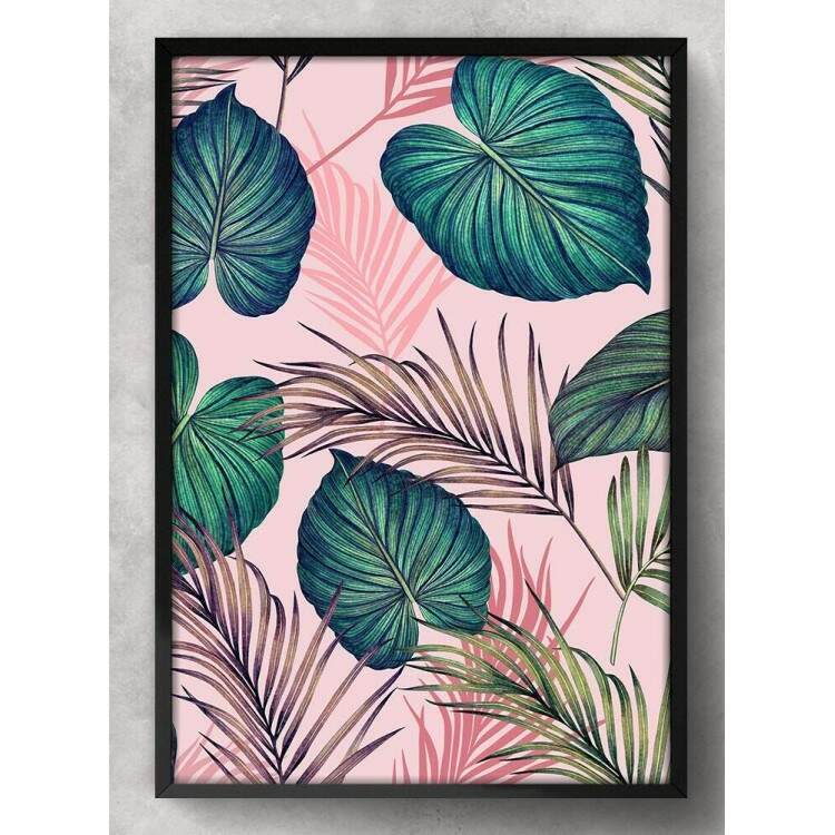 Quadro Decorativo Abstrato Rosa com Folhas Tropicais