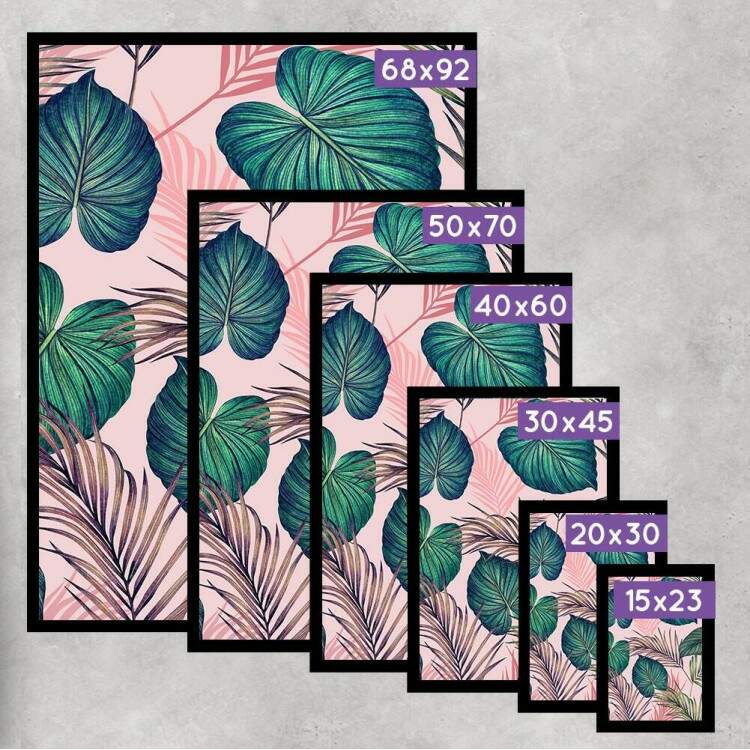 Quadro Decorativo Abstrato Rosa com Folhas Tropicais