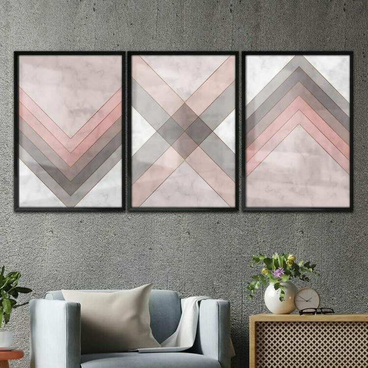 Kit 3 Quadros Decorativos Chevron Geomtrico