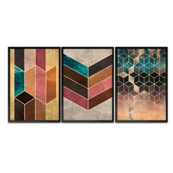 Kit 3 Quadros Decorativos Geomtrico Cubos Coloridos