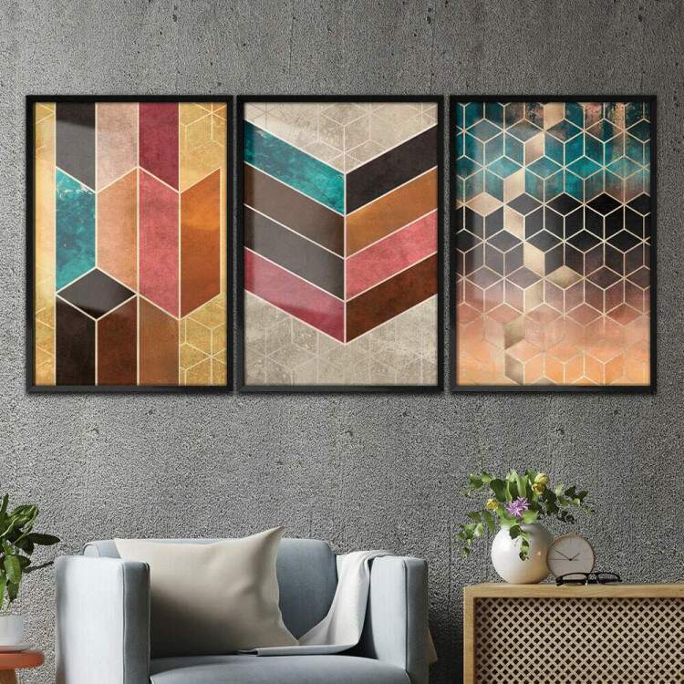 Kit 3 Quadros Decorativos Geomtrico Cubos Coloridos